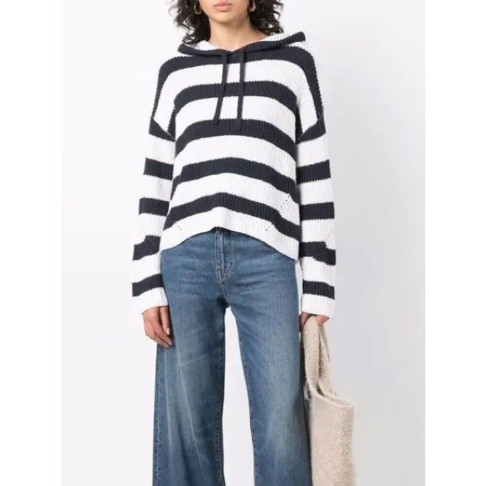 Rag & Bone Sunny Striped Pullover Cotton Blend Hoodie | Navy/White | Small
